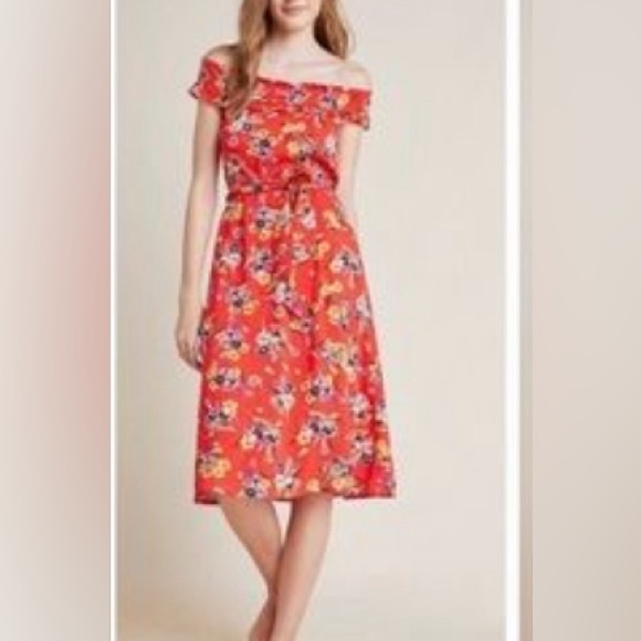 Conversations by Anthropologie Red Floral Off the Shoulder Sun Dress size 10 - Picture 12 of 12